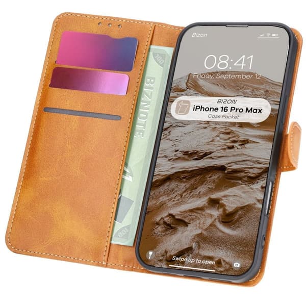 Bizon-etui med lomme til iPhone 16 Pro Max, brun