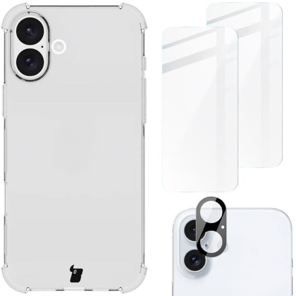 Bizon Cover + 2x hærdet glas + glaslinse i klar pakke til iPhone 16 Plus