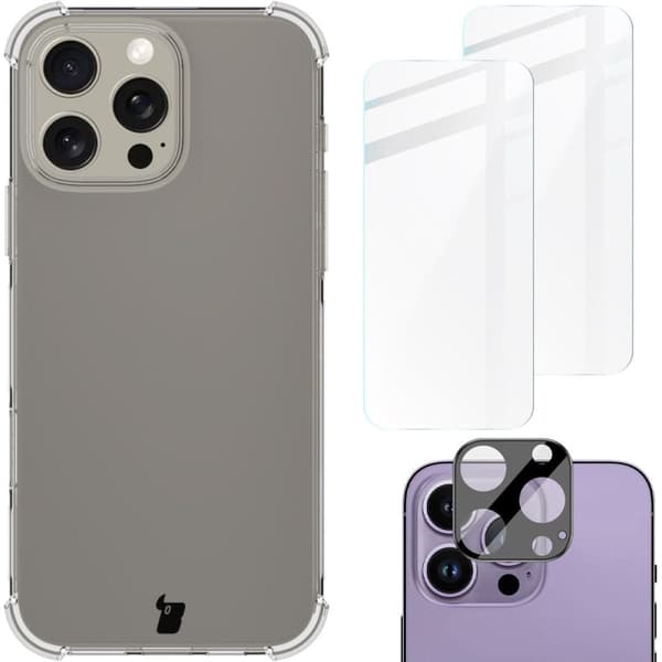 Etui + 2x Hærdet Glas + Linse Glas Bizon Etui Klar Pakke til iPhone 16 Pro Max