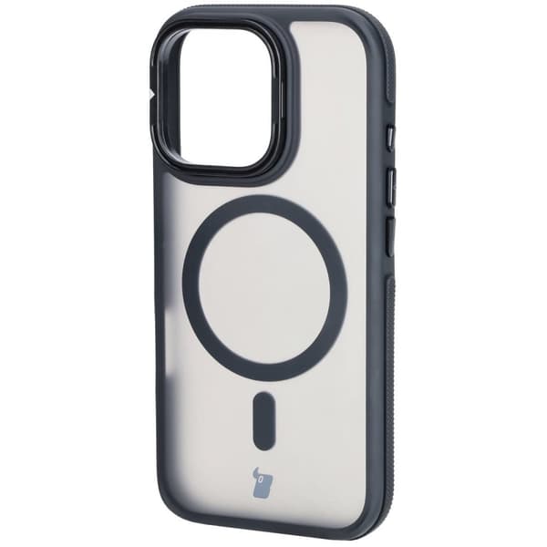 Bizon Case Eclipse iPhone 16 Pro cover med stativ og magnetisk ring, røgfarvet med sort ramme