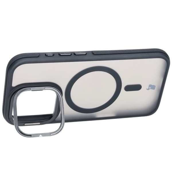 Bizon Case Eclipse iPhone 16 Pro cover med stativ og magnetisk ring, røgfarvet med sort ramme