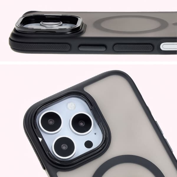 Bizon Case Eclipse iPhone 16 Pro cover med stativ og magnetisk ring, røgfarvet med sort ramme