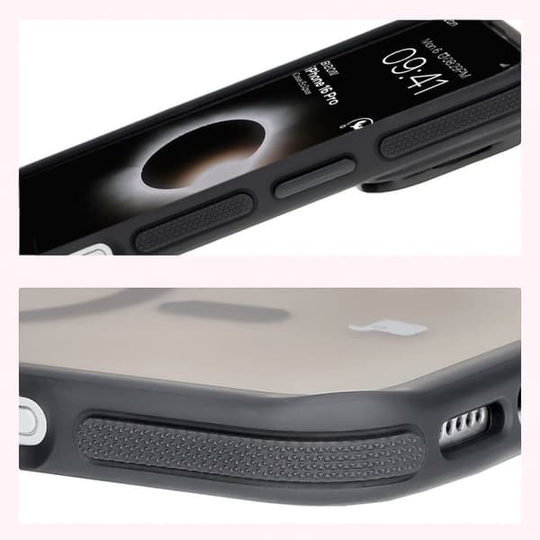 Bizon Case Eclipse iPhone 16 Pro cover med stativ og magnetisk ring, røgfarvet med sort ramme