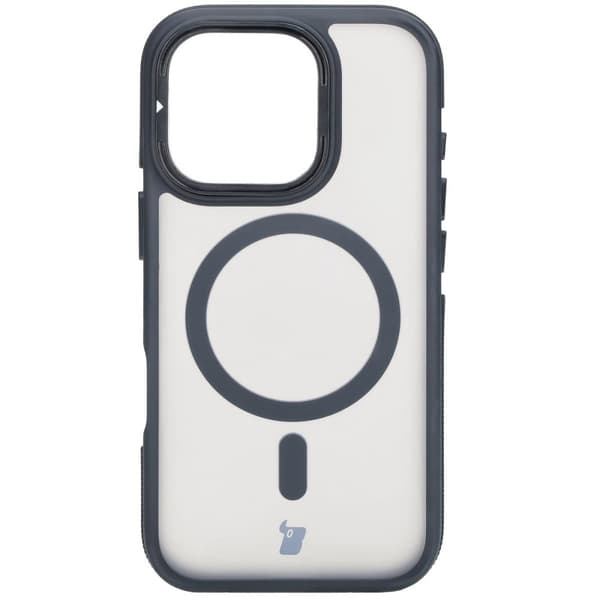 Bizon Case Eclipse iPhone 16 Pro cover med stativ og magnetisk ring, røgfarvet med sort ramme