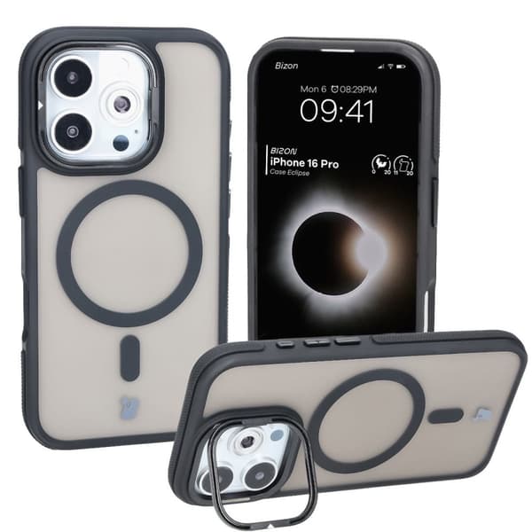 Bizon Case Eclipse iPhone 16 Pro cover med stativ og magnetisk ring, røgfarvet med sort ramme