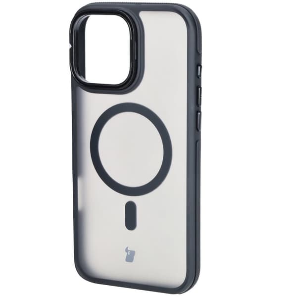 Bizon Case Eclipse -kotelo jalustalla ja magneettirenkaalla iPhone 16 Pro Maxille, savunpunainen ja musta kehys