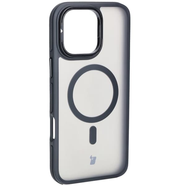 Bizon Case Eclipse -kotelo jalustalla ja magneettirenkaalla iPhone 16 Pro Maxille, savunpunainen ja musta kehys