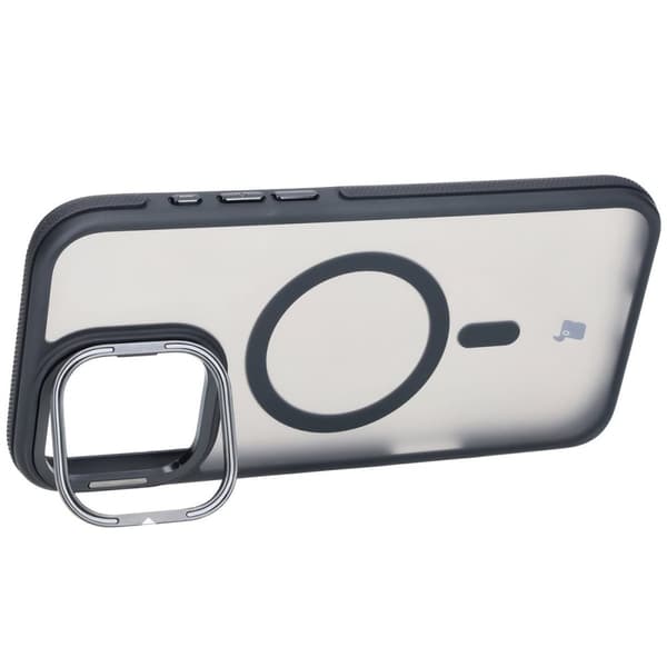 Bizon Case Eclipse -kotelo jalustalla ja magneettirenkaalla iPhone 16 Pro Maxille, savunpunainen ja musta kehys
