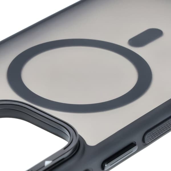 Bizon Case Eclipse -kotelo jalustalla ja magneettirenkaalla iPhone 16 Pro Maxille, savunpunainen ja musta kehys