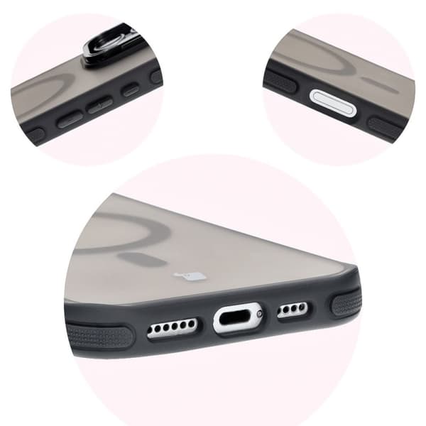 Bizon Case Eclipse -kotelo jalustalla ja magneettirenkaalla iPhone 16 Pro Maxille, savunpunainen ja musta kehys