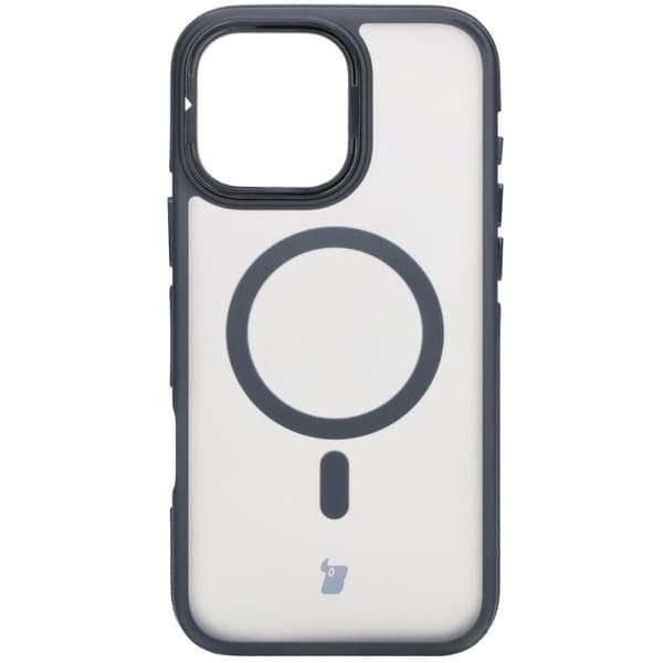Bizon Case Eclipse -kotelo jalustalla ja magneettirenkaalla iPhone 16 Pro Maxille, savunpunainen ja musta kehys