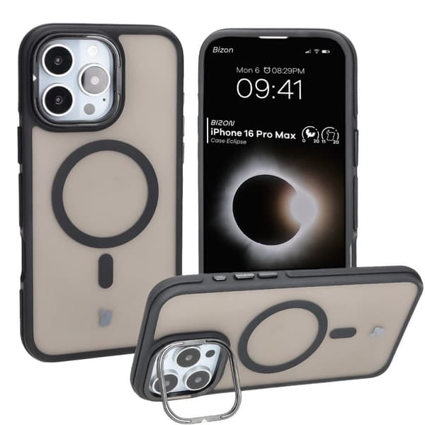 Bizon Case Eclipse -kotelo jalustalla ja magneettirenkaalla iPhone 16 Pro Maxille, savunpunainen ja musta kehys