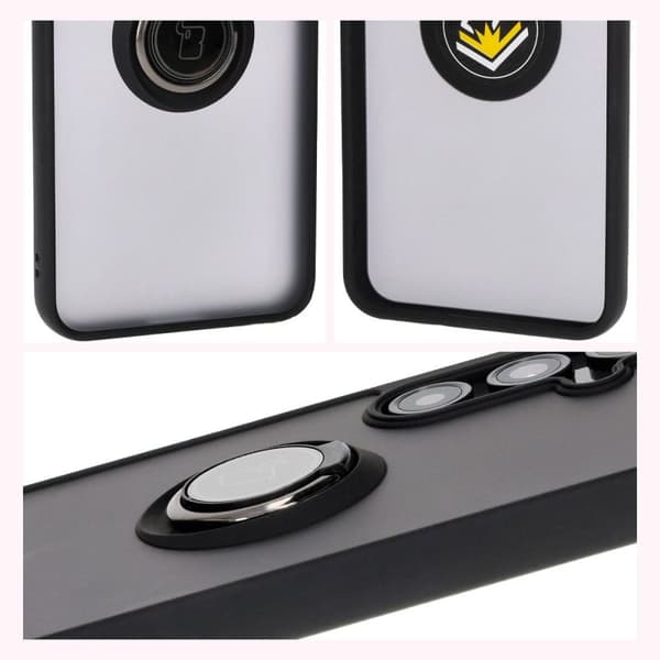 Bizon Case Hybrid Ring Fingerringfodral för Galaxy S24 FE, Rökfärgad med svart ram