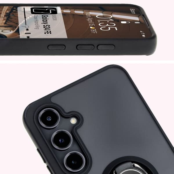 Bizon Case Hybrid Ring Fingerringfodral för Galaxy S24 FE, Rökfärgad med svart ram