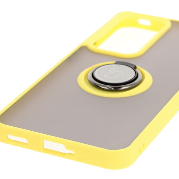 Bizon Case Hybrid Ring Fingerringfodral till Oppo Reno 12 Pro, Rökfärgad med Gul Ram