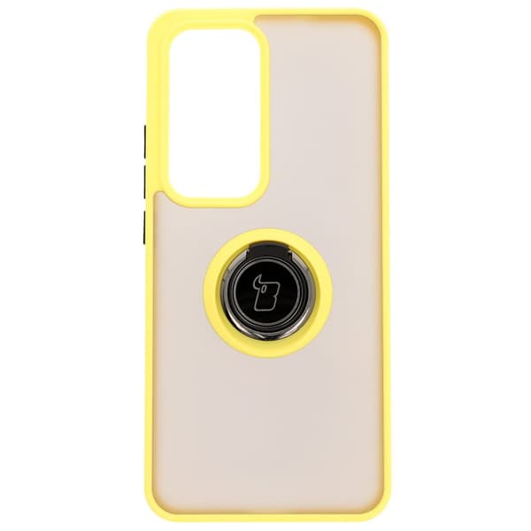 Bizon Case Hybrid Ring Fingerringfodral till Oppo Reno 12 Pro, Rökfärgad med Gul Ram