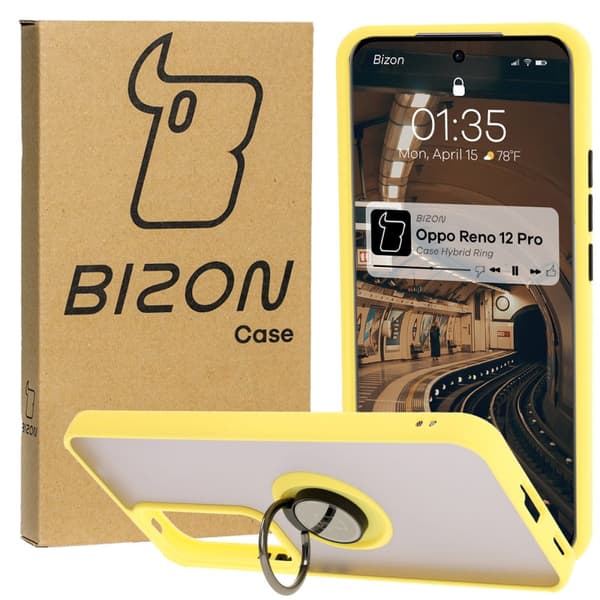 Bizon Case Hybrid Ring Fingerringfodral till Oppo Reno 12 Pro, Rökfärgad med Gul Ram