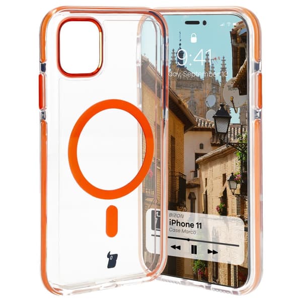 Bizon Case Marco iPhone 11 Magnetiskt Ringskal, Transparent med Orange Ram