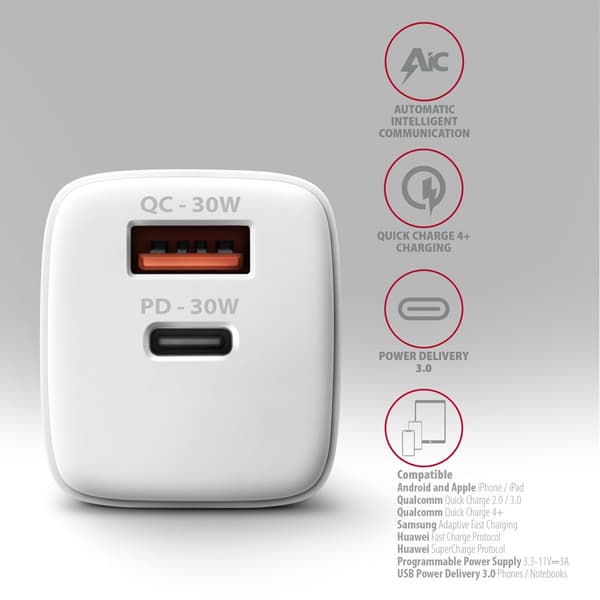 Axagon ACU-PQ30W Oplader QC3.0.4.0/AFC/FCP/PPS/Apple+ PD USB-C 30W - hvid - USB Type C Mobiltelefon, Smartphone, Smartwatch, Tablet, Universal Hvid AC