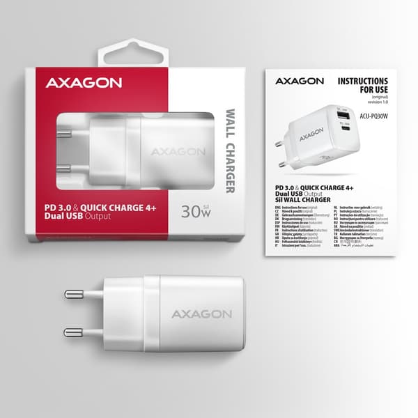 Axagon ACU-PQ30W Oplader QC3.0.4.0/AFC/FCP/PPS/Apple+ PD USB-C 30W - hvid - USB Type C Mobiltelefon, Smartphone, Smartwatch, Tablet, Universal Hvid AC