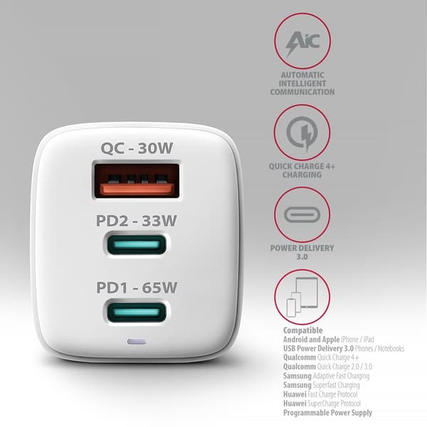 Oplader til bærbare enheder Axagon ACU-DPQ65W Universal Hvid AC hurtigopladning Intern