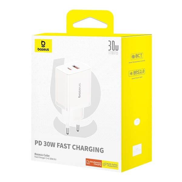 Baseus P10111404213-00 Cube USB-C / USB-A 30W strømoplader Hvid