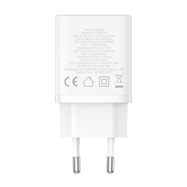 Baseus P10111404213-00 Cube USB-C / USB-A 30W strømoplader Hvid