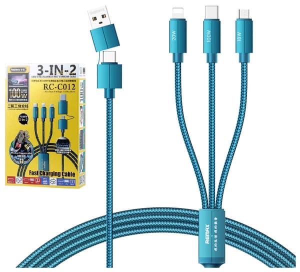 Remax USB-kabel 3i1 USB-C til Micro USB Lightning USB-C PD op til 100W Blå