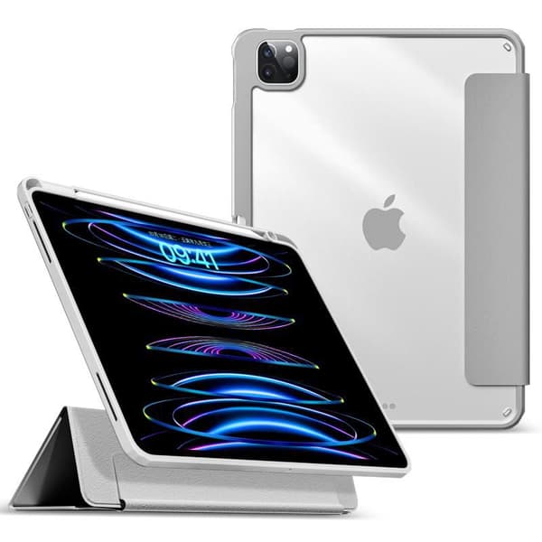 eSTUFF iPad Pro 12.9 2022/2021 -kynäkotelo. Harmaa etupuoli/läpinäkyvä takaosa.