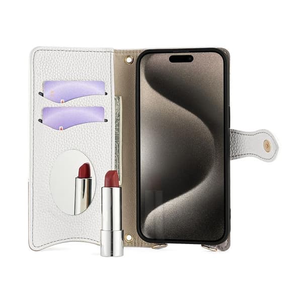 Plånboksfodral med spegel och kedja till iPhone 16 Pro Max - Vit