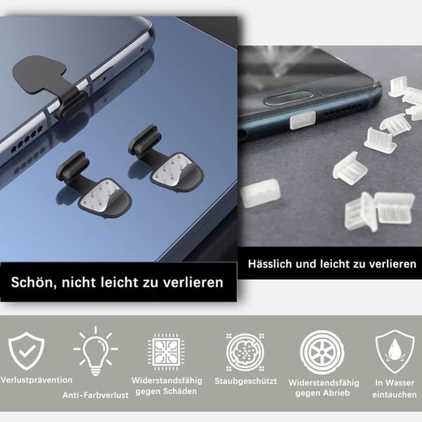 Lollanda 8-pack dammproppar för mobiltelefon – kompatibla med USB-C/Lightning, dammskyddande, slitstarka och förlustsäkra kontaktskydd