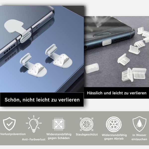 Lollanda 8-pack dammproppar för mobiltelefon – kompatibla med USB-C/Lightning, dammskyddande, slitstarka och förlustsäkra kontaktskydd