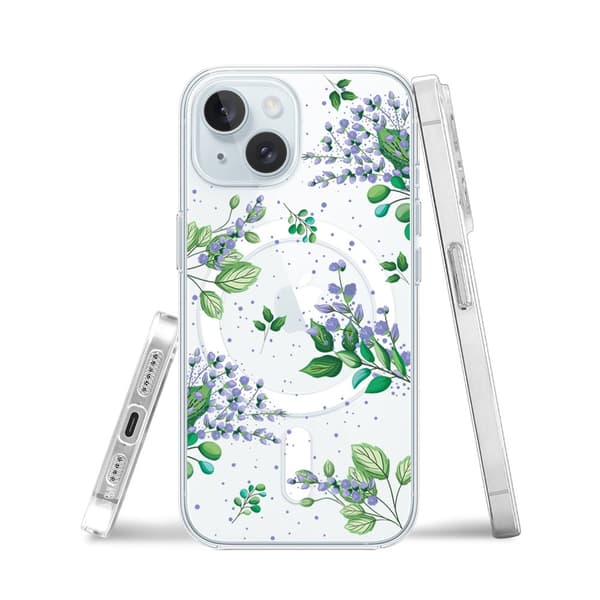 iPhone 15 Plus-skal med MagSafe Transparent Silikon Flexibla Lila Blommor
