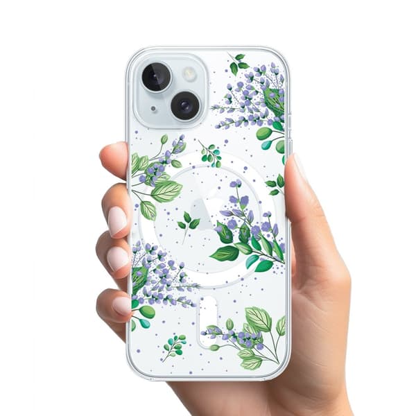 iPhone 15 Plus-skal med MagSafe Transparent Silikon Flexibla Lila Blommor