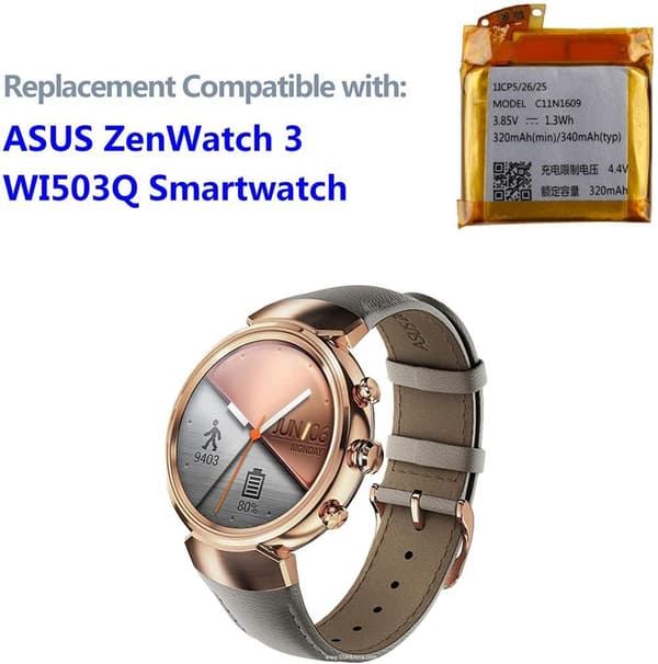 Asus Ersättningsbatteri kompatibelt med ZenWatch 3 (WI503Q) Smartwatch C11N1609 med verktygssats - Klocka Batteri