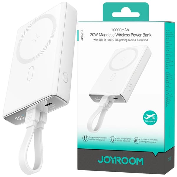 Powerbank Joyroom JR-PBM01 magnetisk 10000mAh 20W med stativ + Lightning-kabel - USB-C - hvit