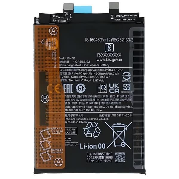 Interna batteri för Xiaomi Redmi Note 11 Pro och Poco X4 Pro - XIAOMI - BN5E - 5000 mAh - Litiumjon - Svart