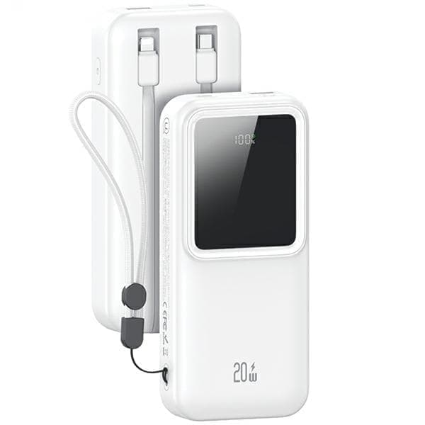 USAMS Powerbank sisäänrakennetuilla USB-C+Lightning-kaapeleilla 30000 mAh 20W PD+Qc 3.0 Fast Charge X-chel Series valkoinen/valkoinen