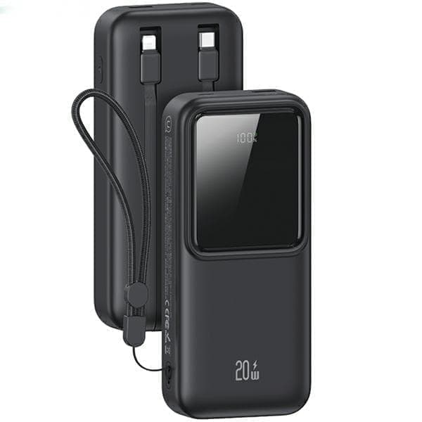 USAMS Powerbank sisäänrakennetuilla USB-C+Lightning-kaapeleilla 30000 mAh 20W PD+Qc 3.0 Fast Charge X-chel Series musta/musta 30KCD21301 (US-CD213)