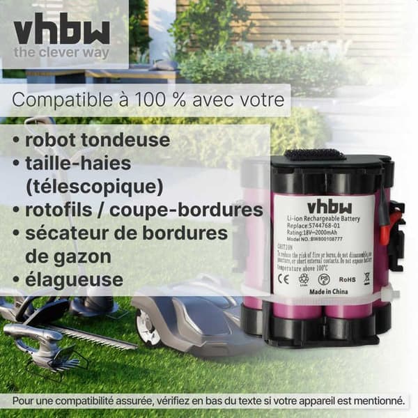 vhbw 1x Batteri kompatibel med Gardena R38Li, R40Li, R45Li, R50Li, R70Li, R75Li, R80Li, 124562 Gräsklippare (2000mAh, 18V)