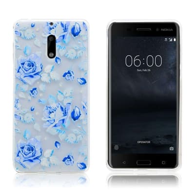 Nokia 6 Silikone cover med smukt mønster - Blå roser