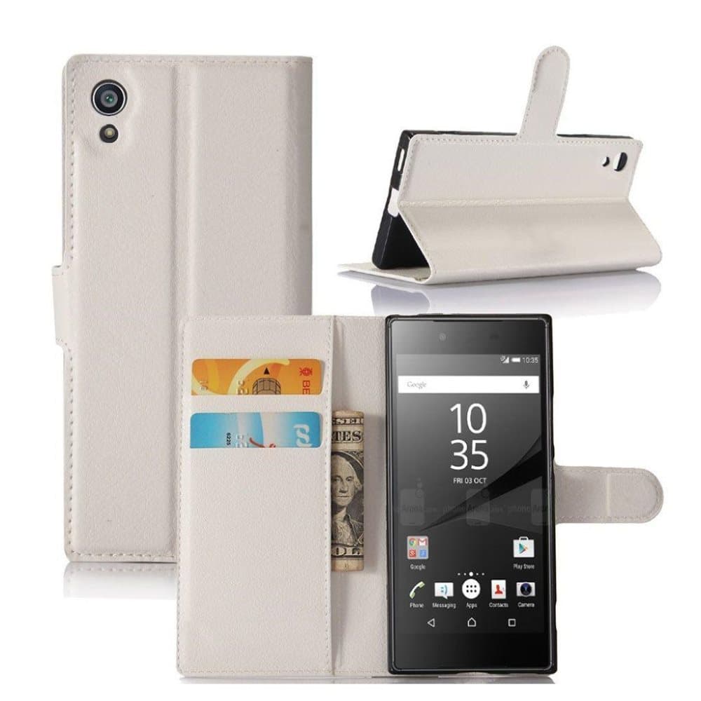 Sony Xperia XA1 Litsi Pintainen Nahkakotelo Standillä - Valk