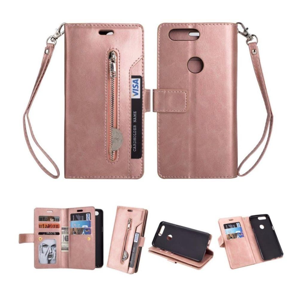 OnePlus 5T zippered PU leather flip case - Rose Gold