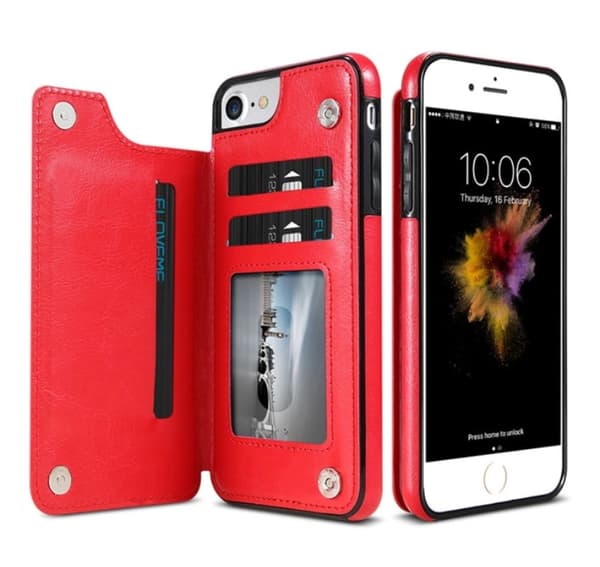 iPhone 6/6S Plus - Läderskal med Plånbok/Kortfack (NKOBEE) Röd