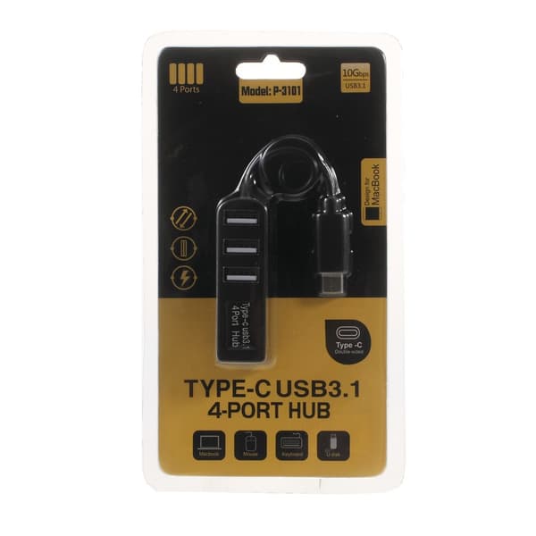 4 Ports USB 3.1 Typ C Hubb High Speed Hub SVART