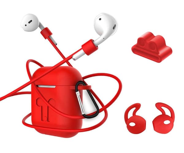 4i1 Airpods-kit med skyddande silikon, öronkrok grepp och remmar Röd