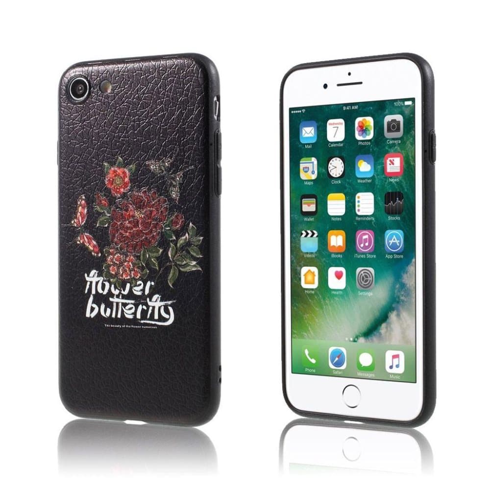 iPhone 7 / 8 broderet PU læder belagt TPU etui - sommerfugl