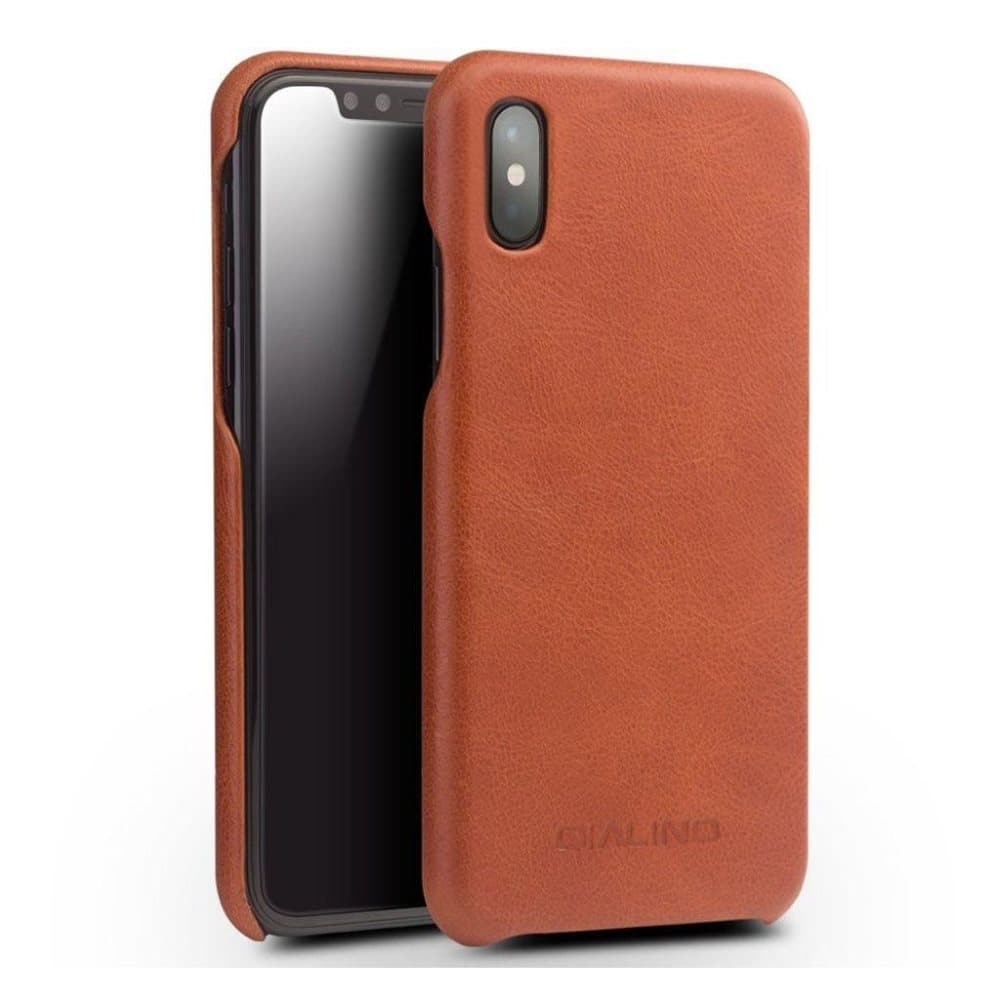 QIALINO iPhone X cover i ægte læder med plastikskal - Lysebr