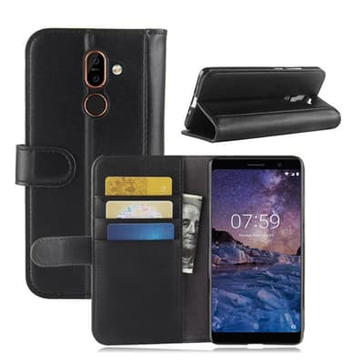Nokia 7 Plus ægte split læder flip etui - Sort