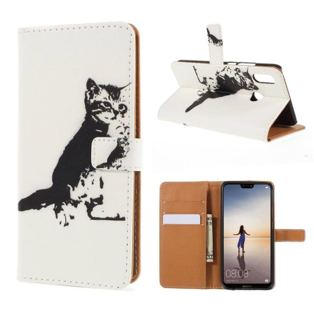 Huawei P20 Lite Printet Mønster PU læder flip etui - Sort og